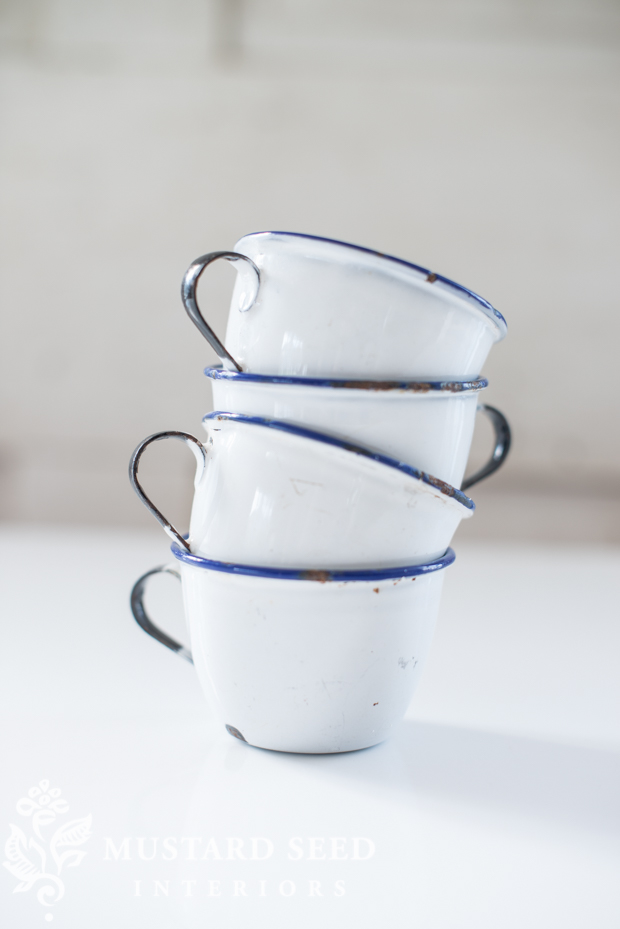 antique blue & white enamel cups | miss mustard seed