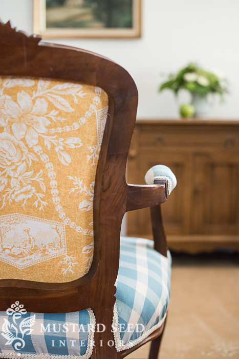 french chair makeover in checks and toile | miss mustard seed