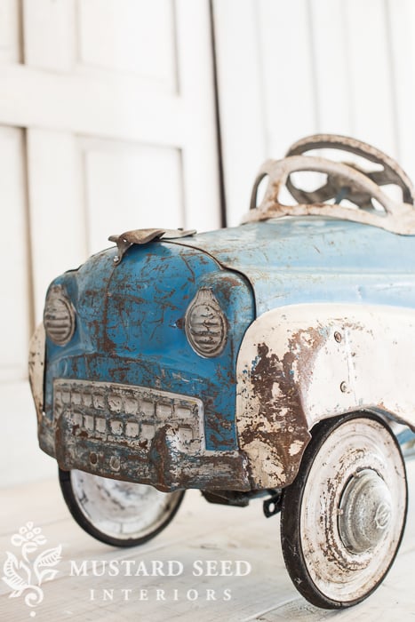 antique blue white pedal car | miss mustard seed